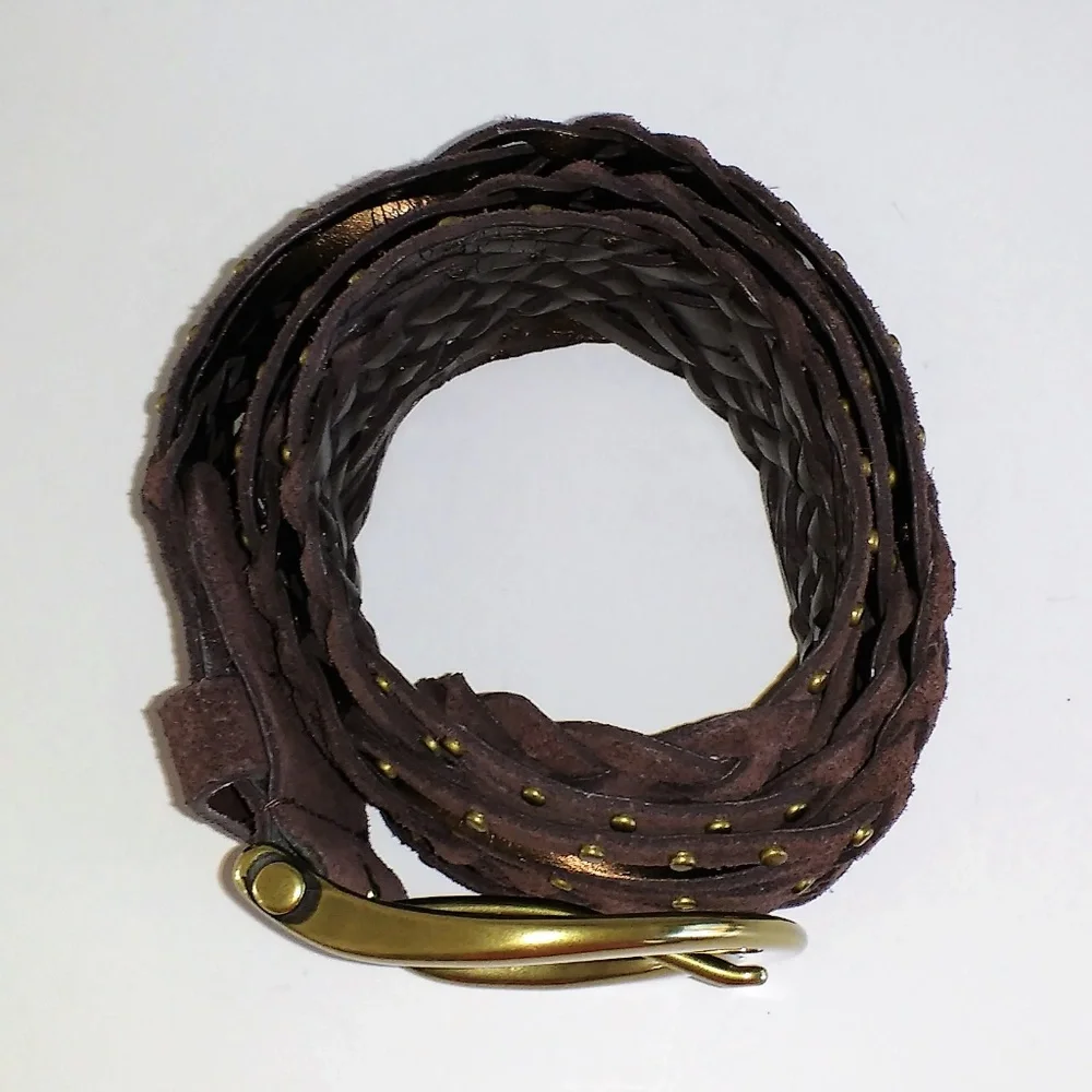 Coldwater Creek Brown Leather Braided Gold-Tone Metal Accented Wide Belt